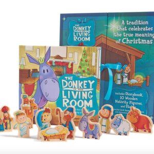 🍒 The Donkey in the Living Room Nativity Set Book, 9 Characters Pieces & Stable